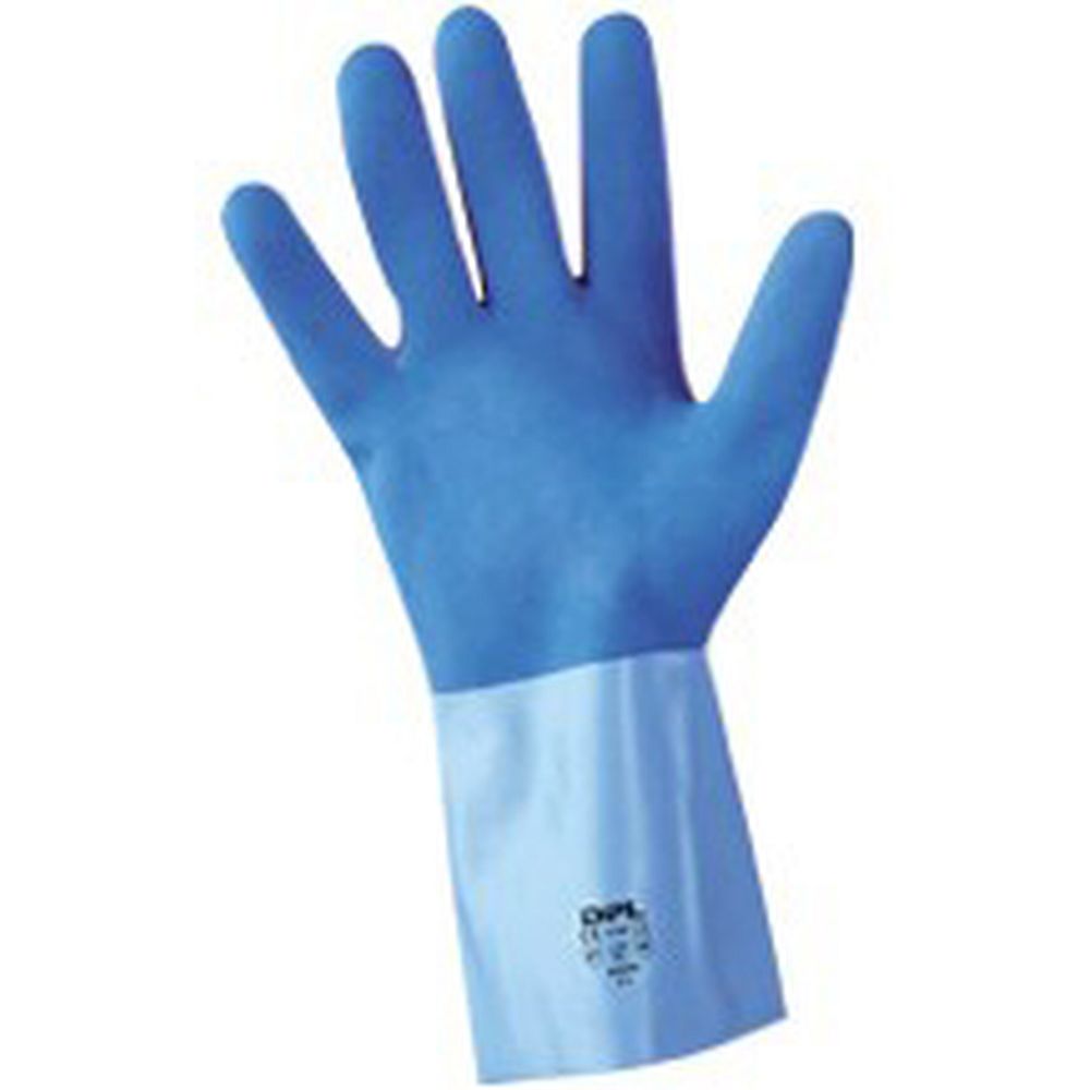 Gants latex bicolores bleus sur jersey coton, main adhérisée